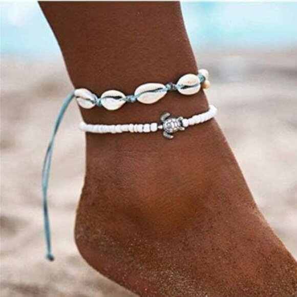 Boho Turtle Layered Shell Anklet Set Silver Ankle Bracelets Beaded Foot Chain Be - Picture 3 of 9